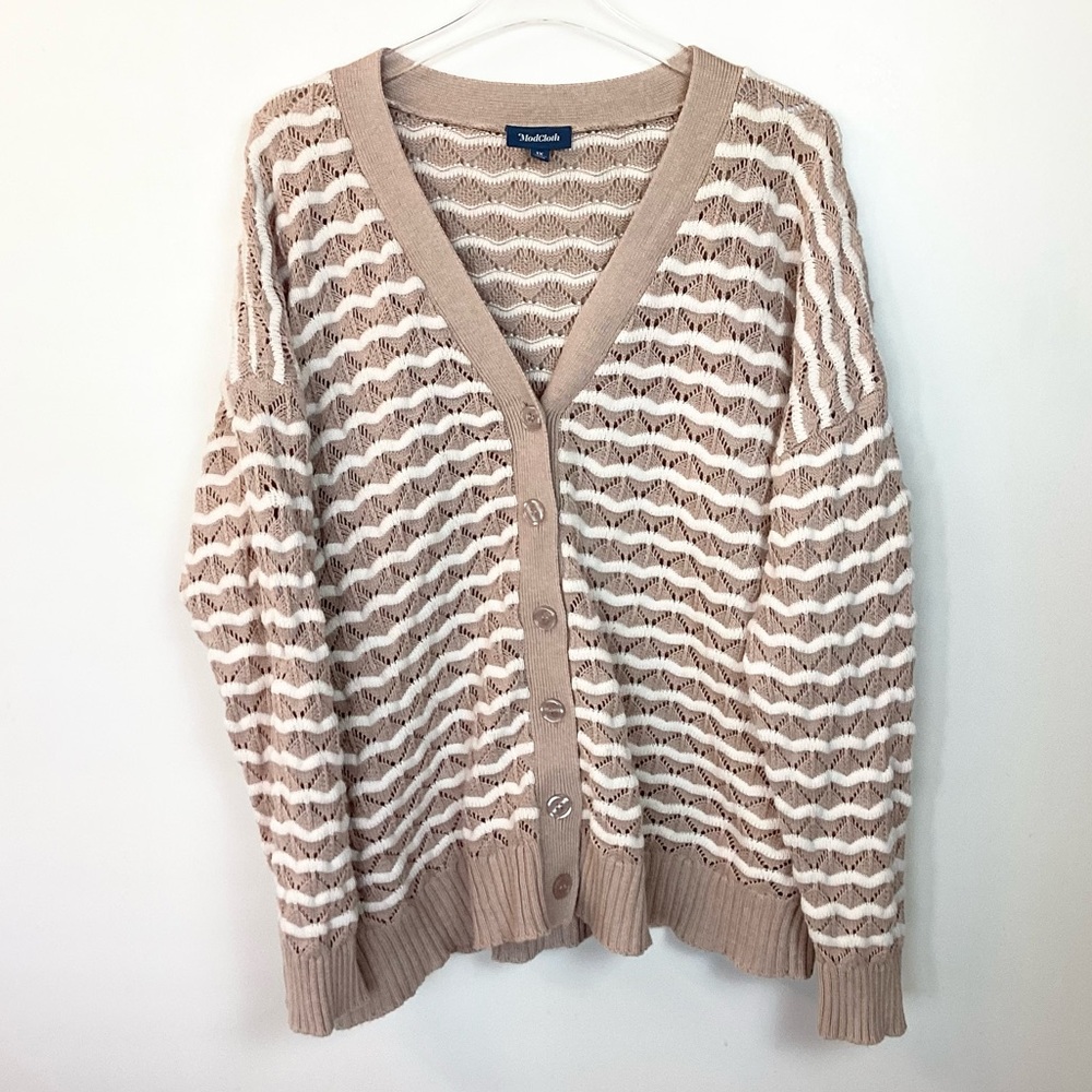 ModCloth A New Kind of Wave Striped Open Knit Cardigan Sweater - Tan/Cream - 1X
